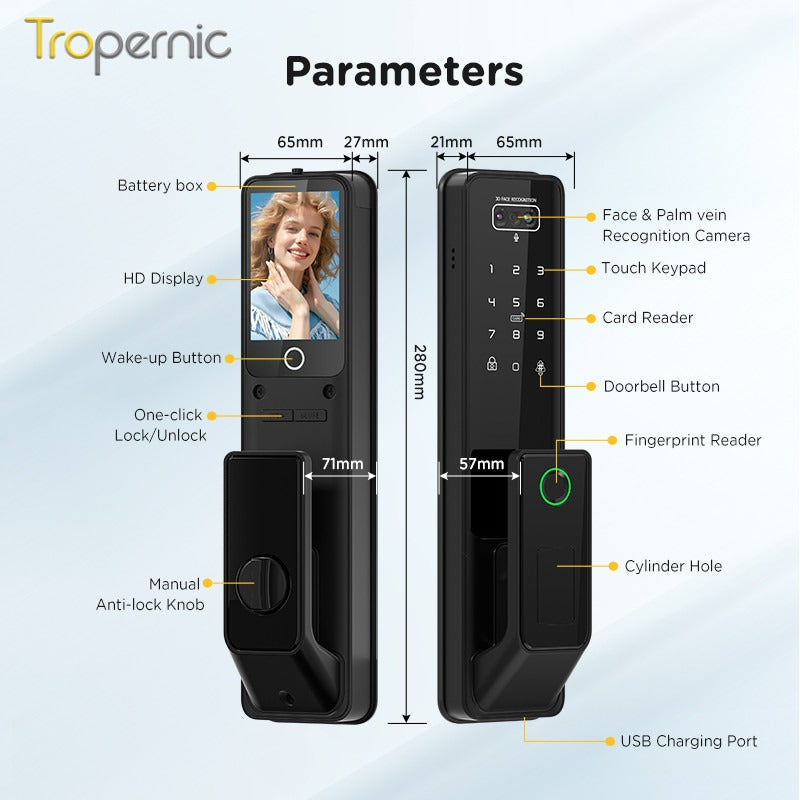 Tropernic G2-ULTRA Tuya Smart Door Lock with Video Surveillance 3D Face Palmprint Unlock Fully Automatic Digital Door Lock APP User Management Remote Unlock Fingerprint Tombol Pintu Rumah for Wooden Door