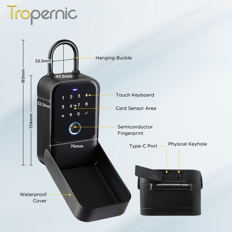 Tropernic K5 Tuya/TTLOCK Bluetooth Key Safe Box Outdoor Waterproof Wall Mounted Safety Box APP Remote Unlock Fingerprint Password Anti Theft Strongbox for Home