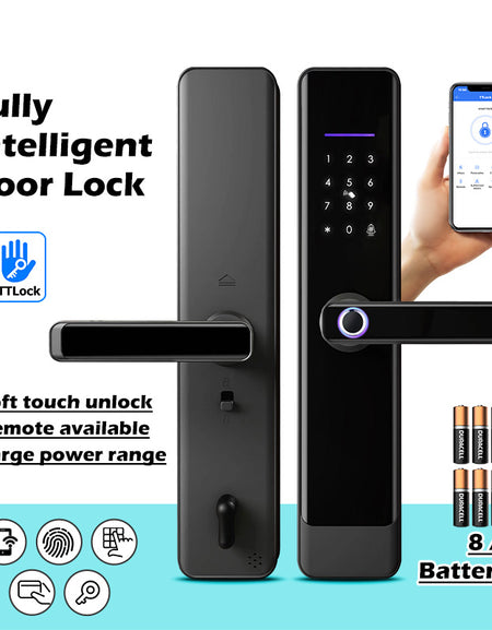 E908-Keyless Entry Door Lock with Handle ,Fingerprint Smart Door Lock with Touchscreen Keypad, TTLOCK App Control,IC Card,Key Unlock, Easy Installation