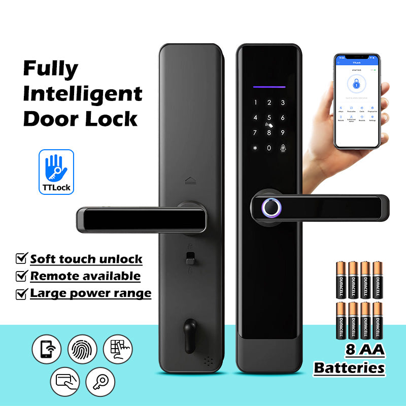 E908-Keyless Entry Door Lock with Handle ,Fingerprint Smart Door Lock with Touchscreen Keypad, TTLOCK App Control,IC Card,Key Unlock, Easy Installation