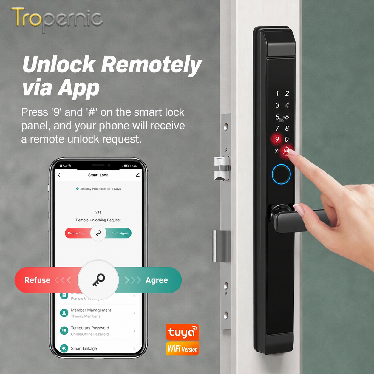 Tropernic D01 Tuya 5 in 1 Digital Door Lock with Doorbell App Remote Unlock Fingerprint Smart Door Lock for Sliding Door