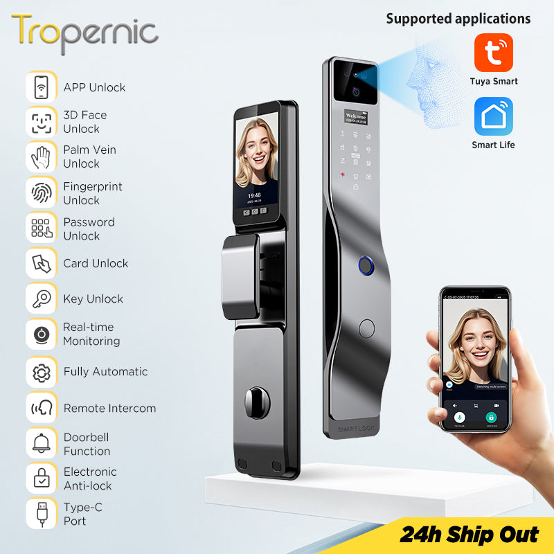 Tropernic F7 7 In 1 Tuya Fully Automatic Smart Door Lock with HD Camera Palm Unlock Video Surveillance 6068 Security Door Lock APP Remote Unlock Keyless Digital Lock Support Two Way Intercom