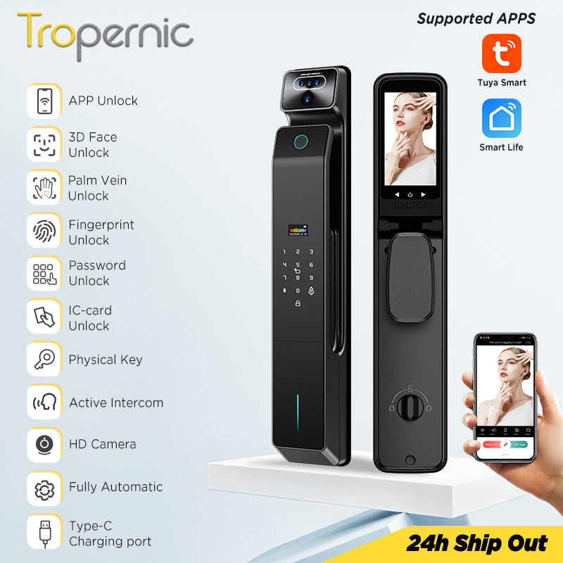 Tropernic V10 7 In 1 Tuya Smart Door Lock with Security Camera 3D Facial Recognition Fully Automatic Digital Lock Palmprint Unlock Intercom Security Door Lock