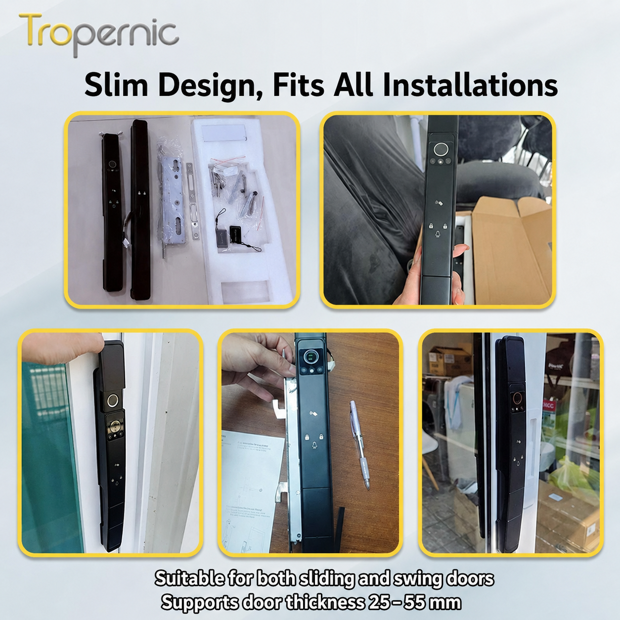 Tropernic A216 Tuya Smart Door Lock with Security Camera 3D Face Recognition Two-Way Intercom Fully Automatic Digital Lock for Sliding Doors Fingerprint Password Unlock with Doorbell