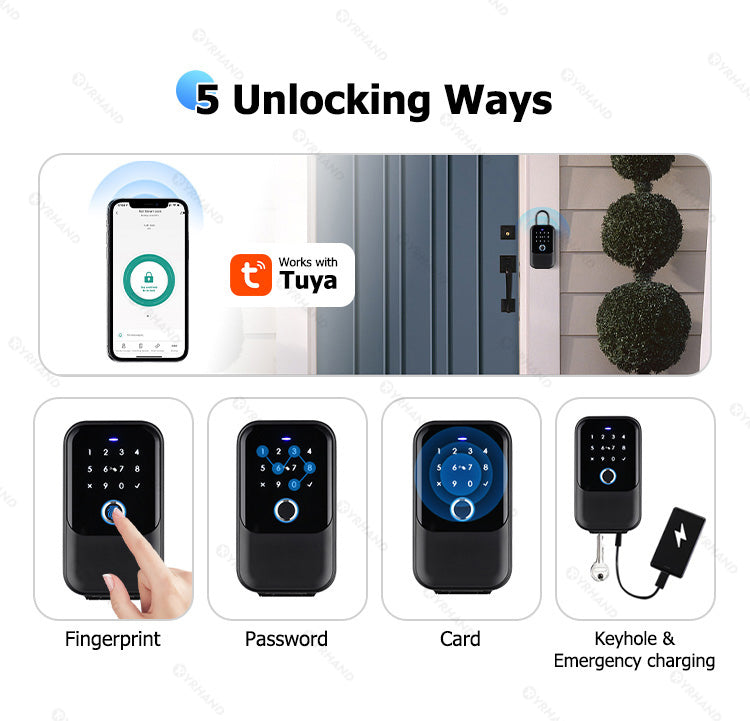 K5-Smart Lock Box,Wireless Smart Key Lockbox with TUYA APP Control,Fingerprint, Manual Keys, Access Card,Passcodes Unlock, IPX5 ,Bluetooth Key Box for Home & Office & Garage