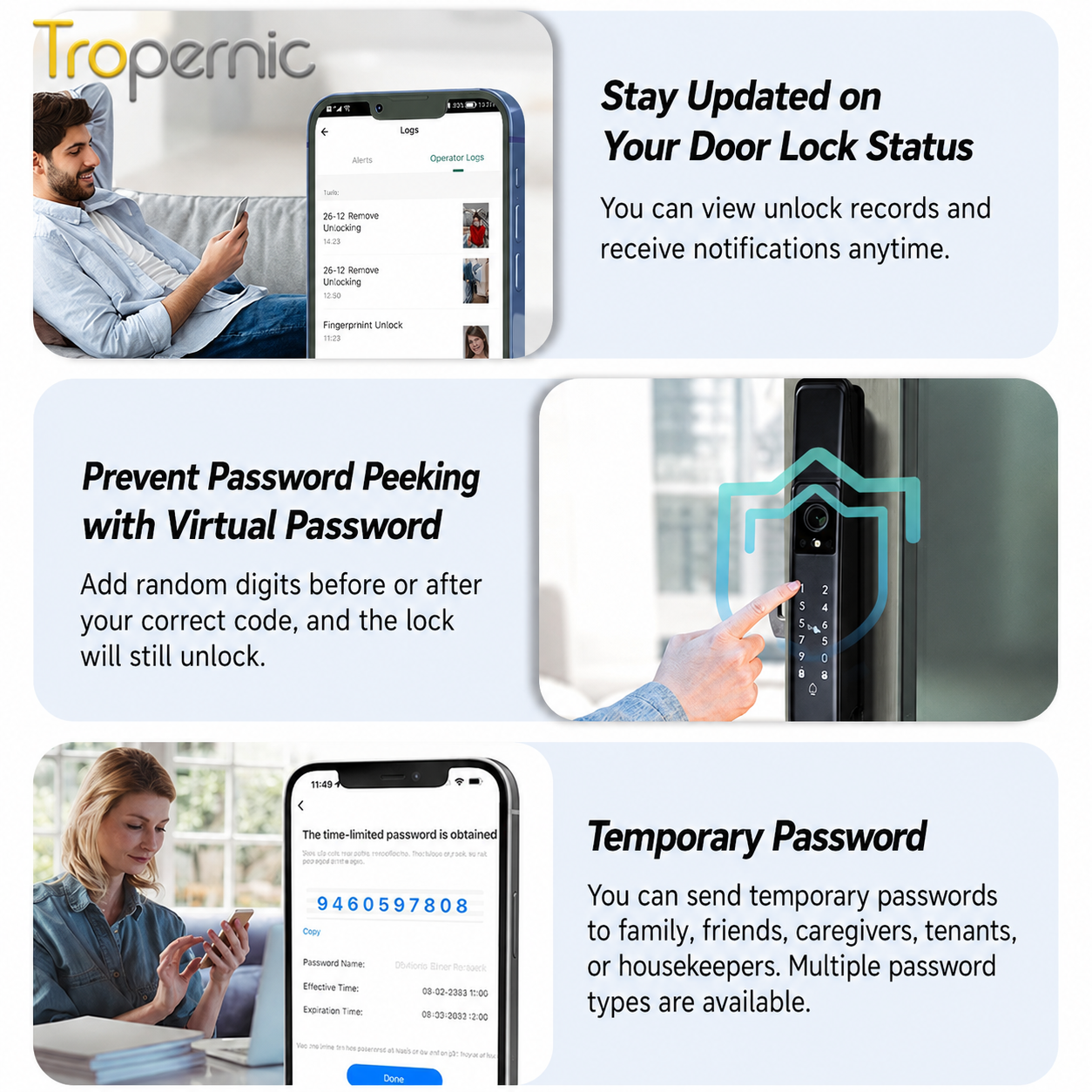 Tropernic A216 Tuya Smart Door Lock with Security Camera 3D Face Recognition Two-Way Intercom Fully Automatic Digital Lock for Sliding Doors Fingerprint Password Unlock with Doorbell