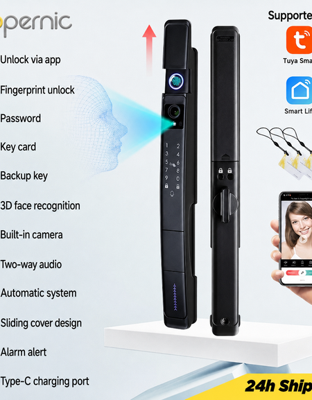 Tropernic A216 Tuya Smart Door Lock with Security Camera 3D Face Recognition Two-Way Intercom Fully Automatic Digital Lock for Sliding Doors Fingerprint Password Unlock with Doorbell