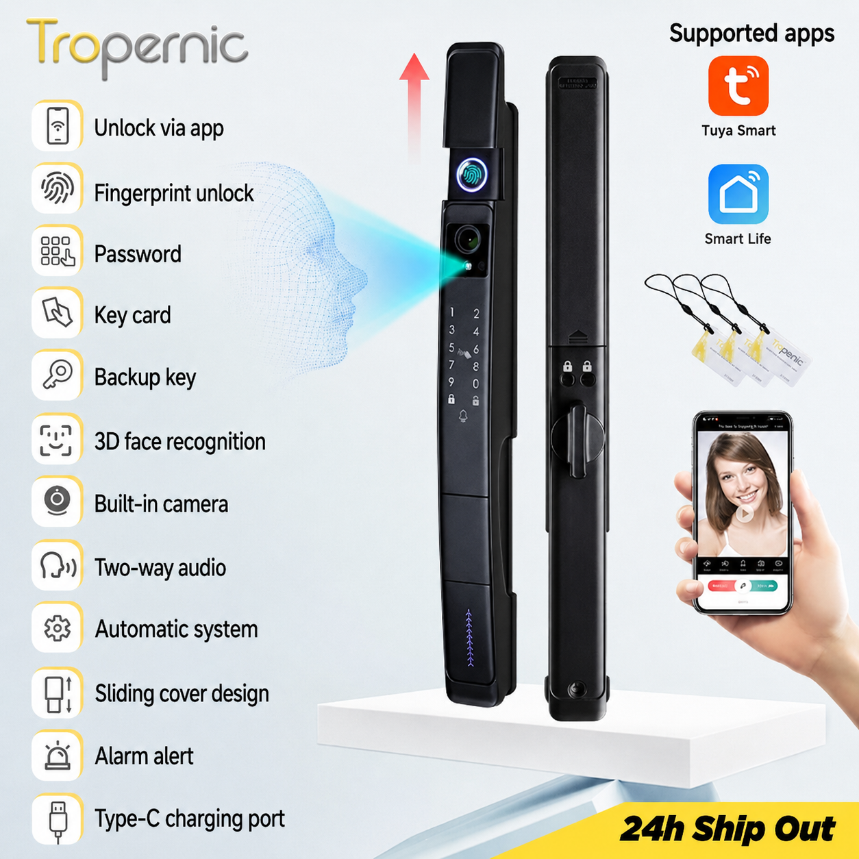 Tropernic A216 Tuya Smart Door Lock with Security Camera 3D Face Recognition Two-Way Intercom Fully Automatic Digital Lock for Sliding Doors Fingerprint Password Unlock with Doorbell