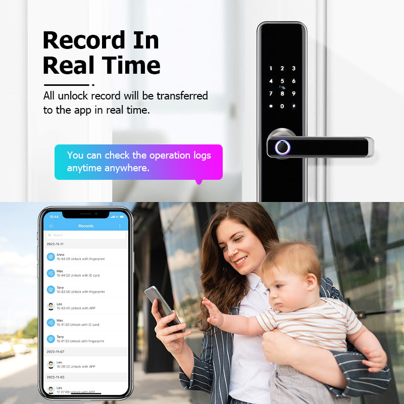 E908-Keyless Entry Door Lock with Handle ,Fingerprint Smart Door Lock with Touchscreen Keypad, TTLOCK App Control,IC Card,Key Unlock, Easy Installation
