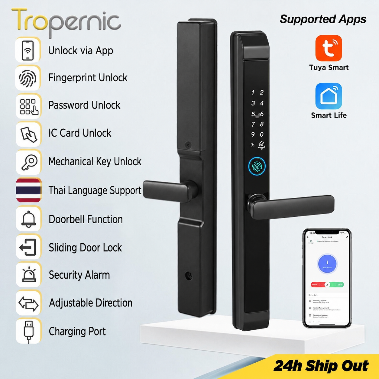 Tropernic D01 Tuya 5 in 1 Digital Door Lock with Doorbell App Remote Unlock Fingerprint Smart Door Lock for Sliding Door