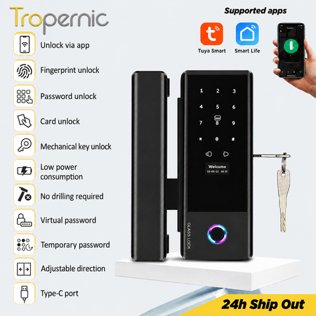 Tropernic JDS1 Tuya Smart Glass Door Lock with Doorbell APP Remote Unlock Fully Automatic Drill-Free Digital Door Lock for Home Office