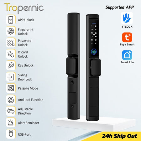 Tropernic F2 Tuya/TTLOCK กลอนประตูดิจิตอลกันน้ำ กันขโมย ทำจากโลหะผสมสังกะสี สำหรับประตูบานเลื่อน แบบมีมือจับสั้น ระบบสแกนลายนิ้วมือ กึ่งอัตโนมัติ สำหรับประตูอะลูมิเนียม
