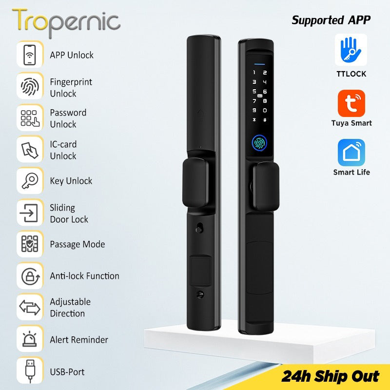 Tropernic F2 Tuya/TTLOCK Waterproof Smart Door Lock Anti Theft Zinc Alloy Sliding Door Lock with Short Handle Semi-Automatic Fingerprint Digital Lock For Aluminum Door