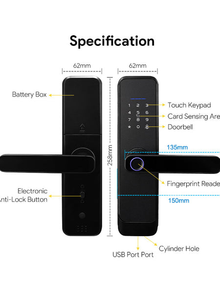 H03- 5 in 1 Unlock Methods Electronic Digital Door Lock, Tuya App Biometrics Fingerprint Smart Door with 4585 Mortise, Keyless Entry Door Lock for Home Apartment