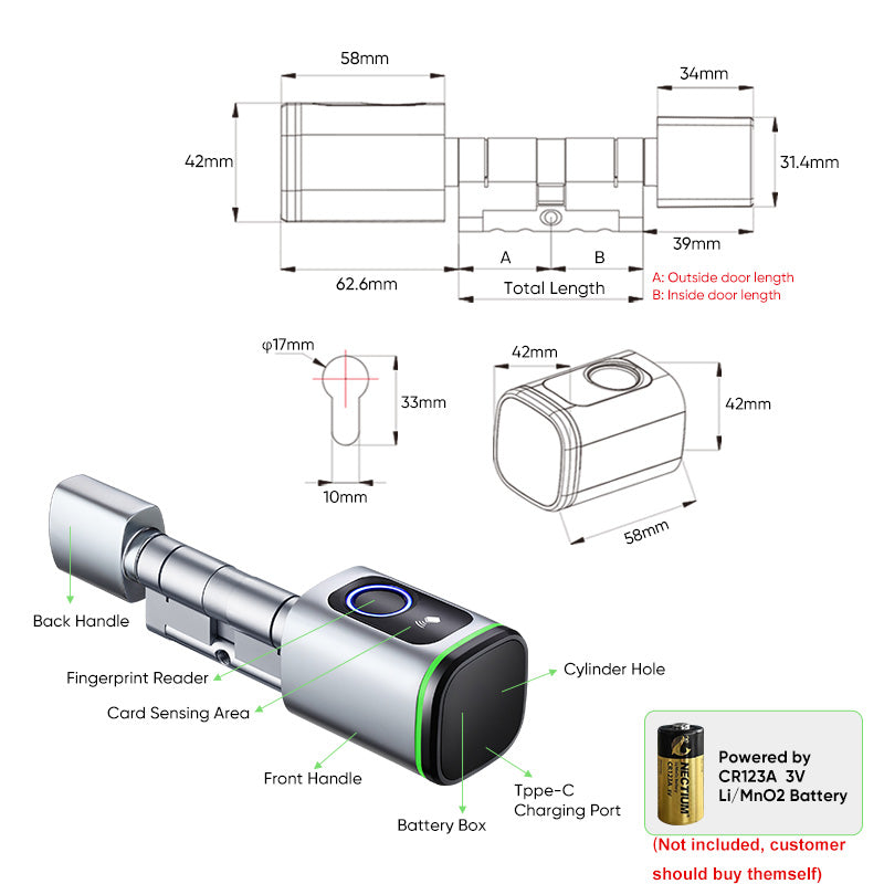 S1F-Tuya App Cylinder Electronic Smart Door Lock with Fingerprint FRID Card Mechanical Key Unlock