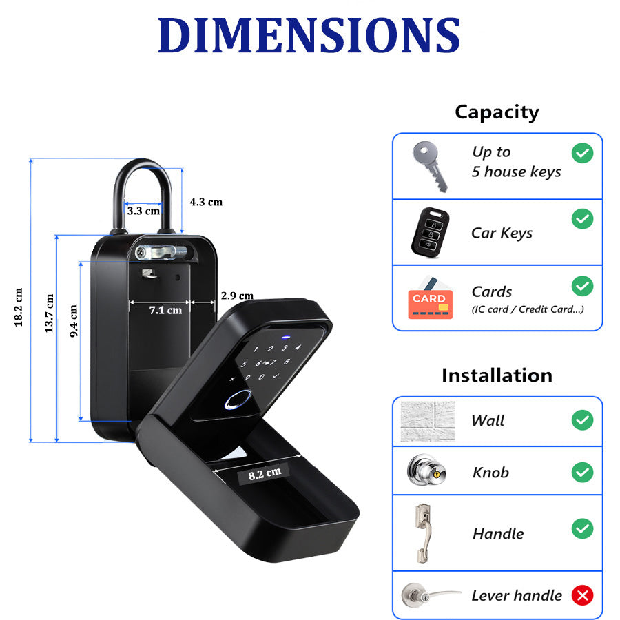 K5-Smart Lock Box,Wireless Smart Key Lockbox with TUYA APP Control,Fingerprint, Manual Keys, Access Card,Passcodes Unlock, IPX5 ,Bluetooth Key Box for Home & Office & Garage