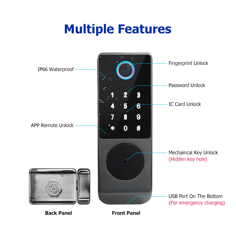 R07-Fingerprint Door Lock Tuya App Remote Control, Keyless Electronic Smart Rim Door Lock With IC Card Digital Password Key Unlock