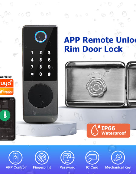R07-Fingerprint Door Lock Tuya App Remote Control, Keyless Electronic Smart Rim Door Lock With IC Card Digital Password Key Unlock