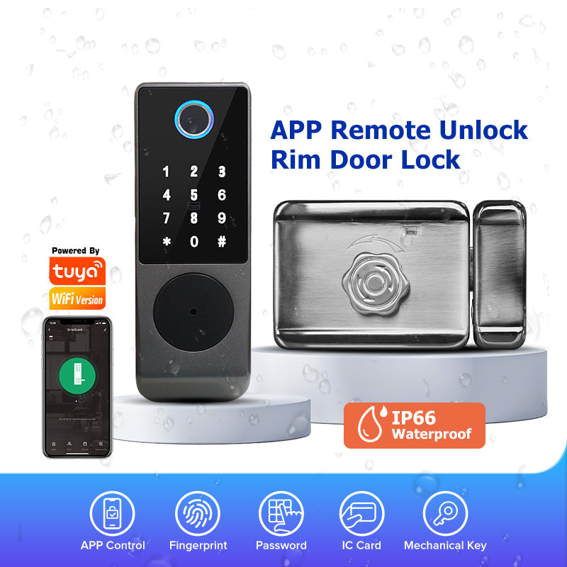R07-Fingerprint Door Lock Tuya App Remote Control, Keyless Electronic Smart Rim Door Lock With IC Card Digital Password Key Unlock
