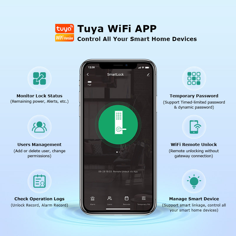 R07-Fingerprint Door Lock Tuya App Remote Control, Keyless Electronic Smart Rim Door Lock With IC Card Digital Password Key Unlock