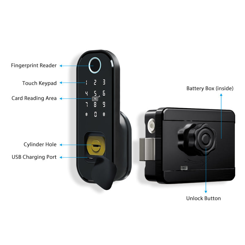 R5 Fingerprint Outdoor Gate Lock TTLock App Remote Control, Keyless Smart Door Lock Electric Rim Lock for Home Apartment
