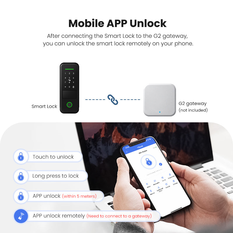 R7-Keyless Entry Electric Rim Lock TTLock App Remote Control, Biometric Fingerprint Smart Door Lock with Password/Key/IC Card Unlock