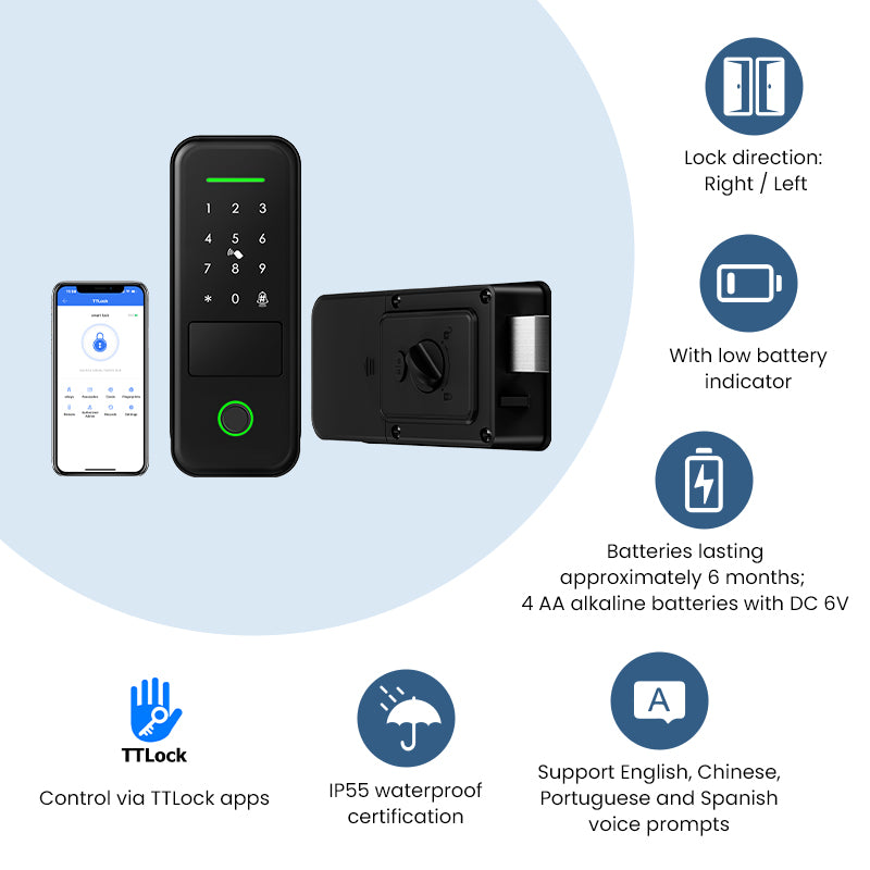 R7-Keyless Entry Electric Rim Lock TTLock App Remote Control, Biometric Fingerprint Smart Door Lock with Password/Key/IC Card Unlock