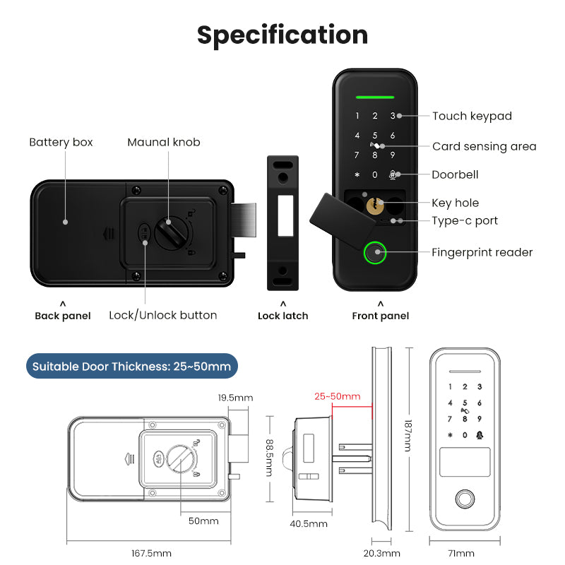 R7-Keyless Entry Electric Rim Lock TTLock App Remote Control, Biometric Fingerprint Smart Door Lock with Password/Key/IC Card Unlock