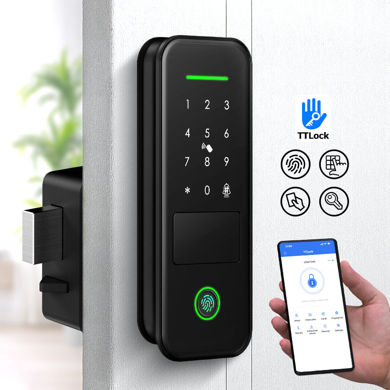 R7-Keyless Entry Electric Rim Lock TTLock App Remote Control, Biometric Fingerprint Smart Door Lock with Password/Key/IC Card Unlock