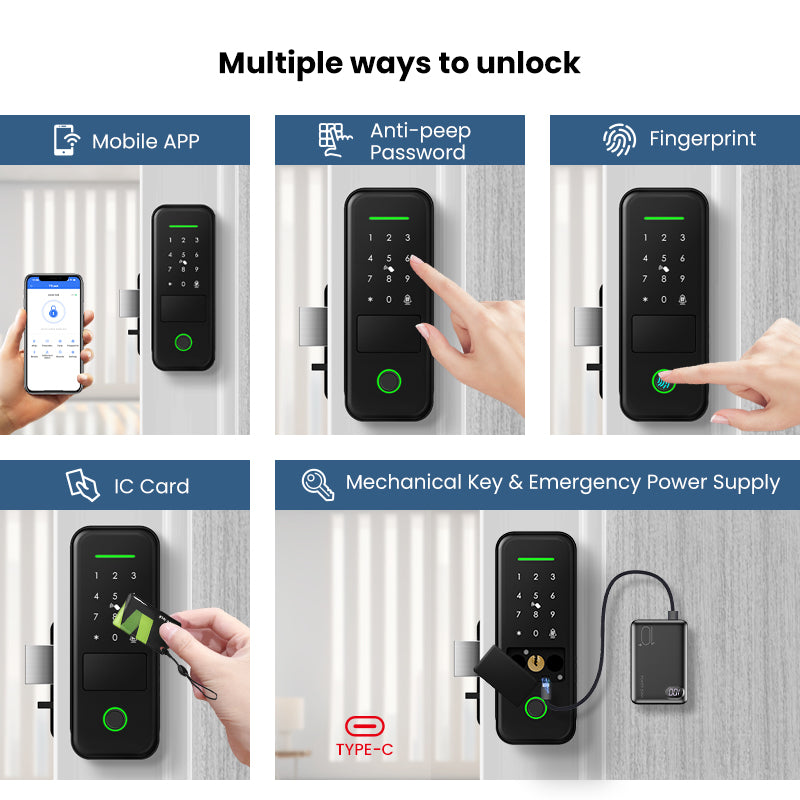 R7-Keyless Entry Electric Rim Lock TTLock App Remote Control, Biometric Fingerprint Smart Door Lock with Password/Key/IC Card Unlock