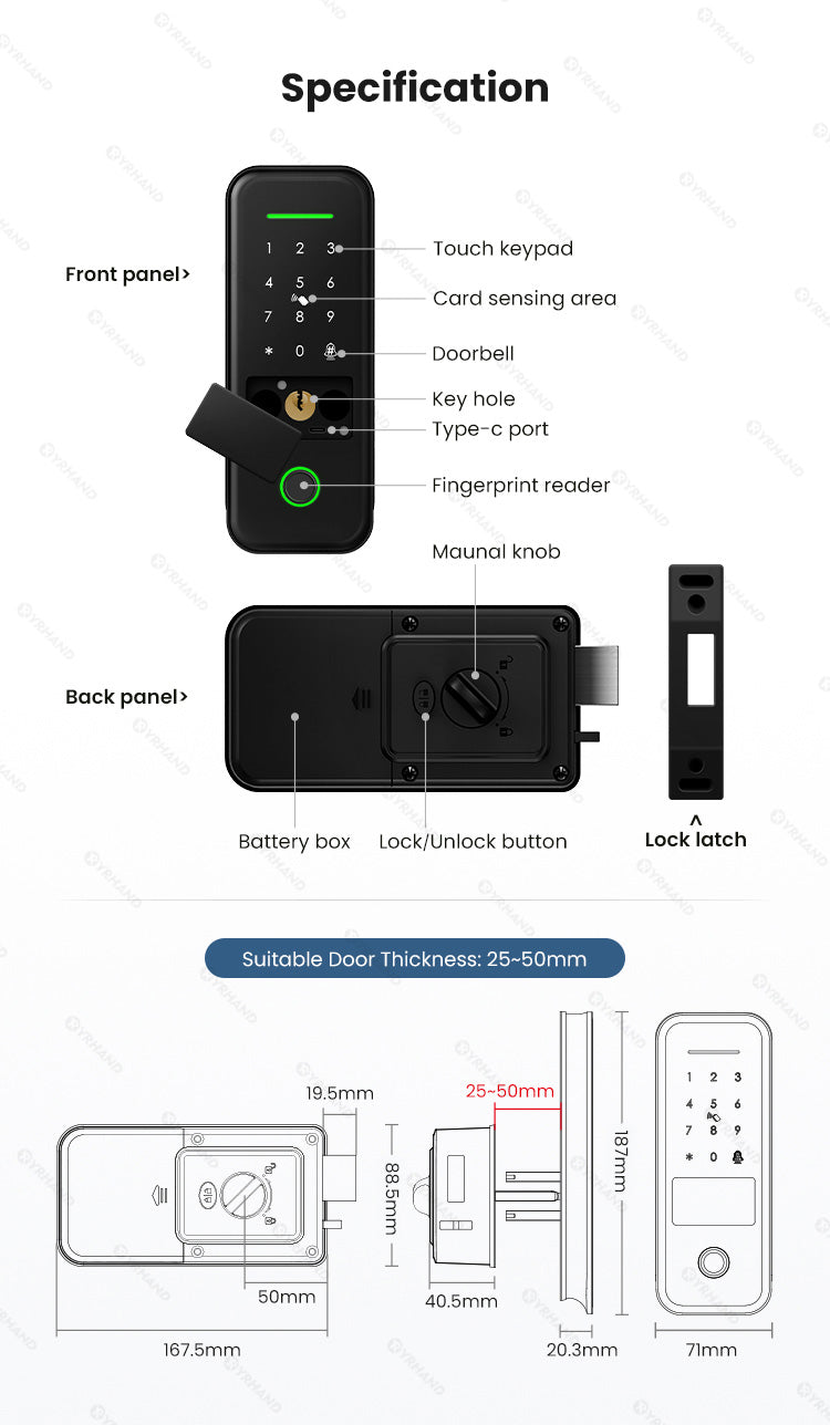 R7-Fingerprint Smart Lock with TUYA App Remote Control, Keypad Code, RFID Card, Keyless Entry,Electric Rim Lock & Gateway for Home Security