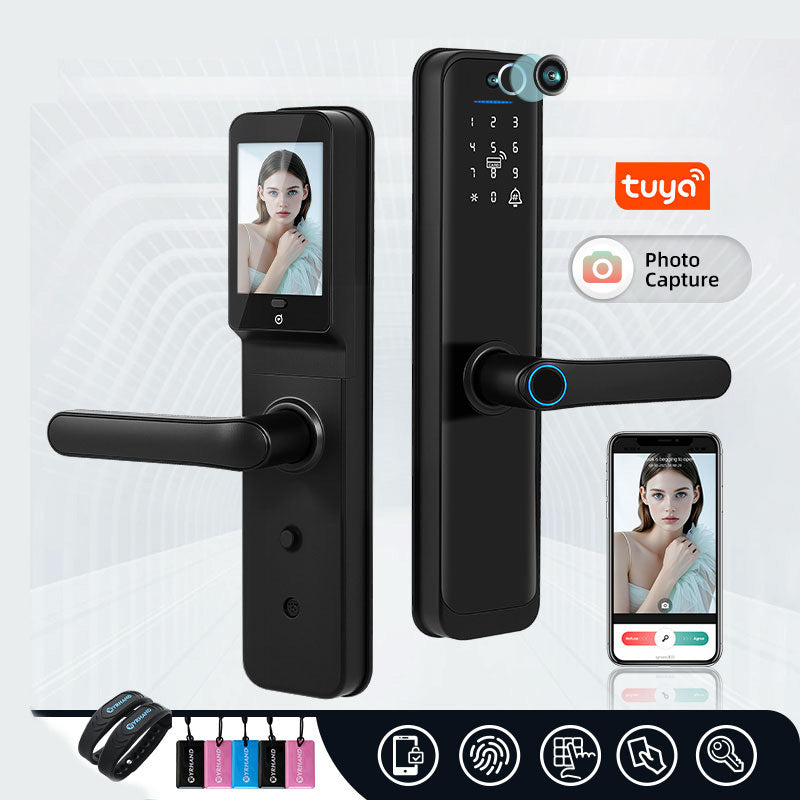 X9pro-TUYA App Biometric Fingerprint Smart Door Lock with Camera,RFID Card/Digital Passcode/Key/App Remote Unlock,Keyless Entry Electronic Smart Door Lock for Home Apartment