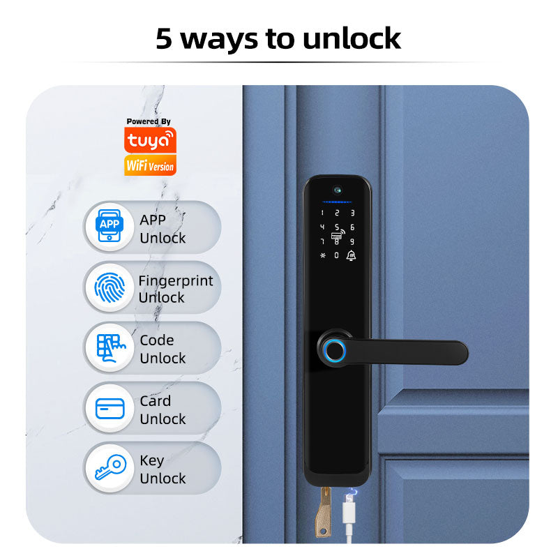 X9pro-TUYA App Biometric Fingerprint Smart Door Lock with Camera,RFID Card/Digital Passcode/Key/App Remote Unlock,Keyless Entry Electronic Smart Door Lock for Home Apartment