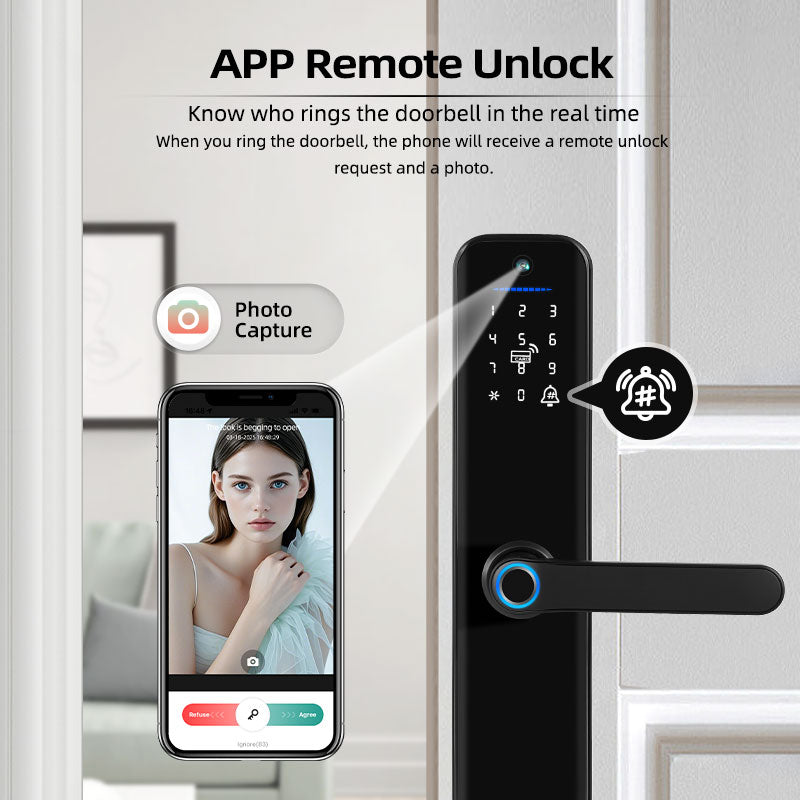 X9pro-TUYA App Biometric Fingerprint Smart Door Lock with Camera,RFID Card/Digital Passcode/Key/App Remote Unlock,Keyless Entry Electronic Smart Door Lock for Home Apartment