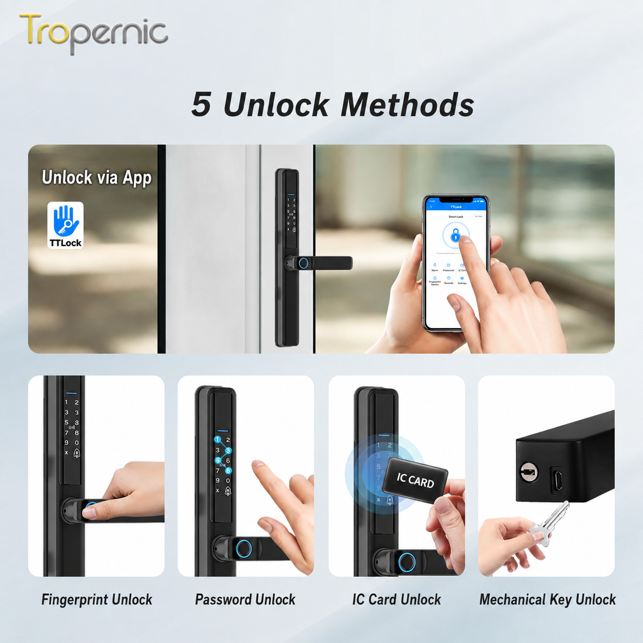 Tropernic F5 TTLOCK Smart Sliding Door Lock 5 in 1 Digital Lock with Doorbell App Unlock Waterproof Smart Door Lock for Aluminum Door