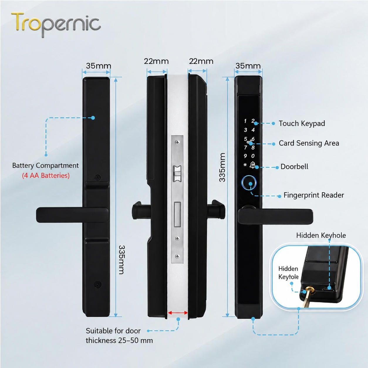 Tropernic D01 Tuya 5 in 1 Digital Door Lock with Doorbell App Remote Unlock Fingerprint Smart Door Lock for Sliding Door