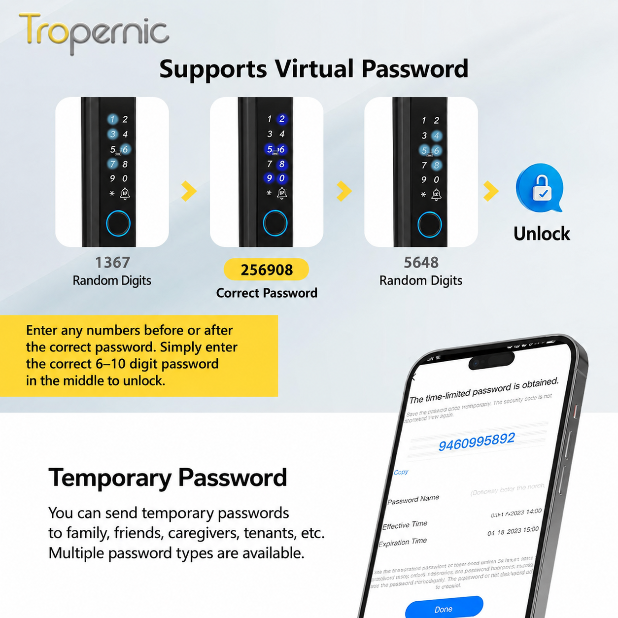 Tropernic D01 Tuya 5 in 1 Digital Door Lock with Doorbell App Remote Unlock Fingerprint Smart Door Lock for Sliding Door