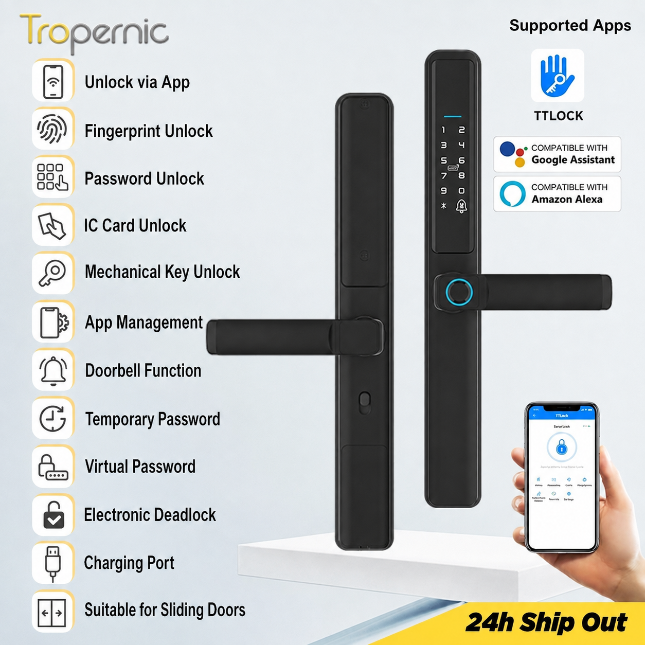 Tropernic F5 TTLOCK Smart Sliding Door Lock 5 in 1 Digital Lock with Doorbell App Unlock Waterproof Smart Door Lock for Aluminum Door