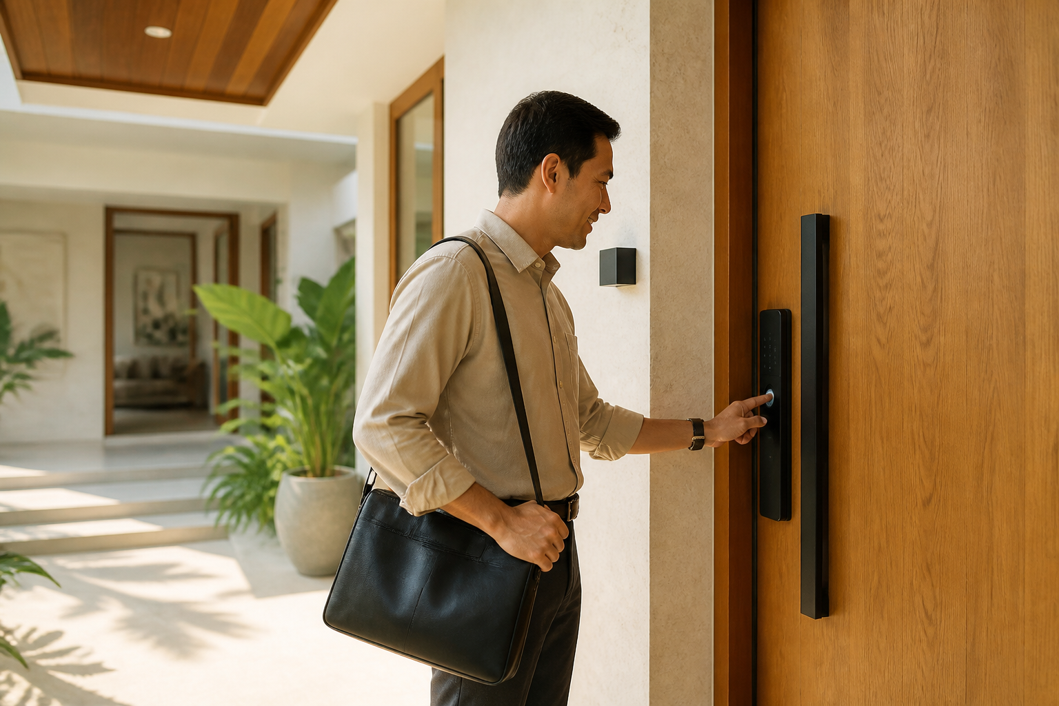 Homeowner using a smart lock at a modern home entrance