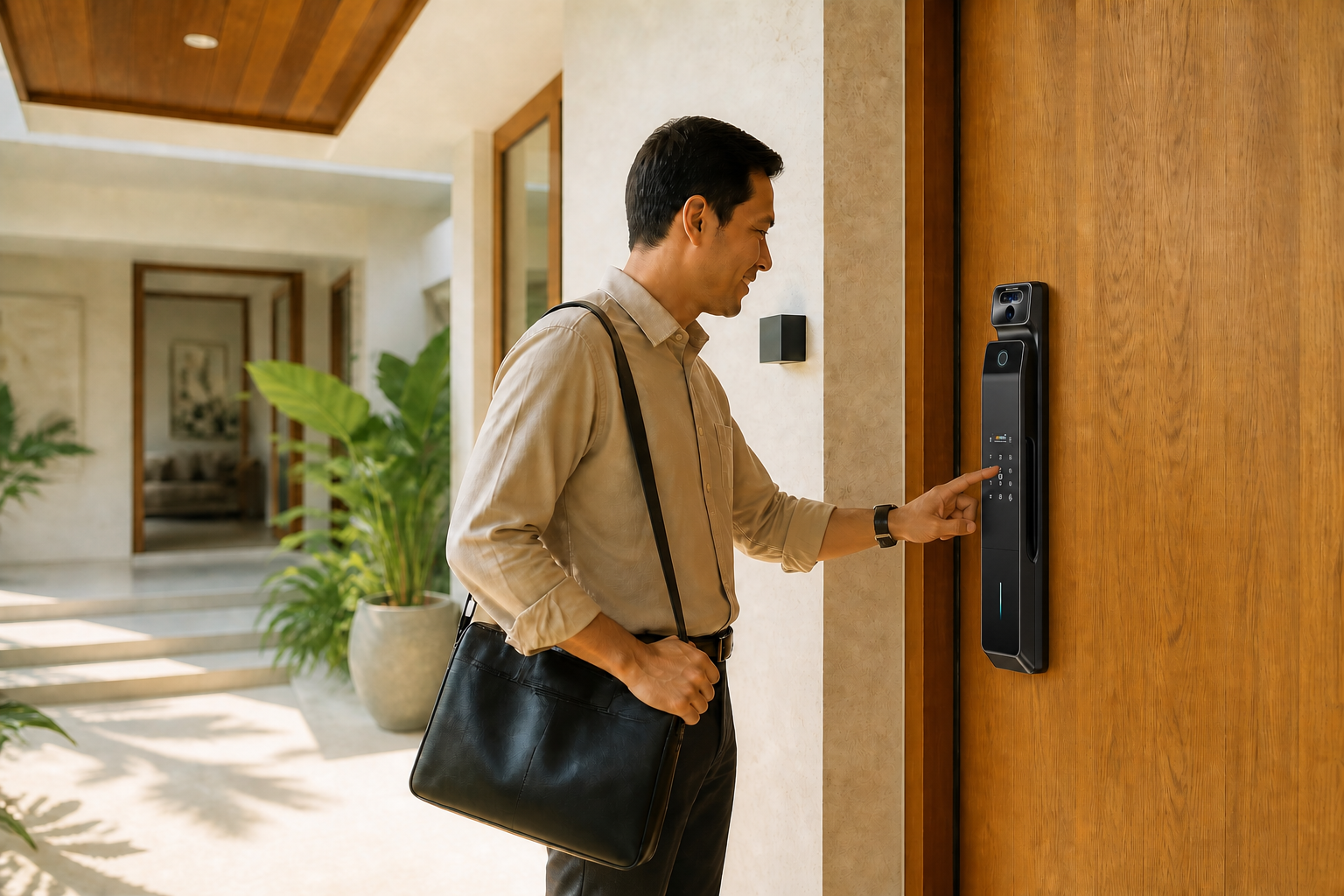 Homeowner using a Tropernic V10 smart lock at a modern home entrance