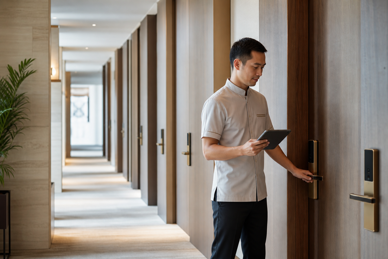 Hotel staff managing smart locks across a guest room corridor