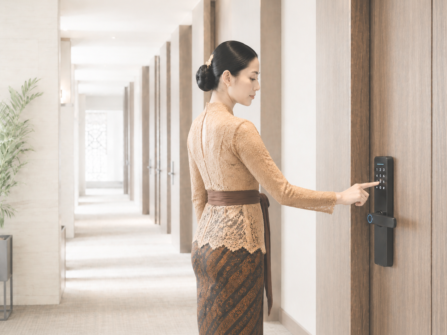 Hotel guest using a Tropernic K7 smart lock in a hotel corridor